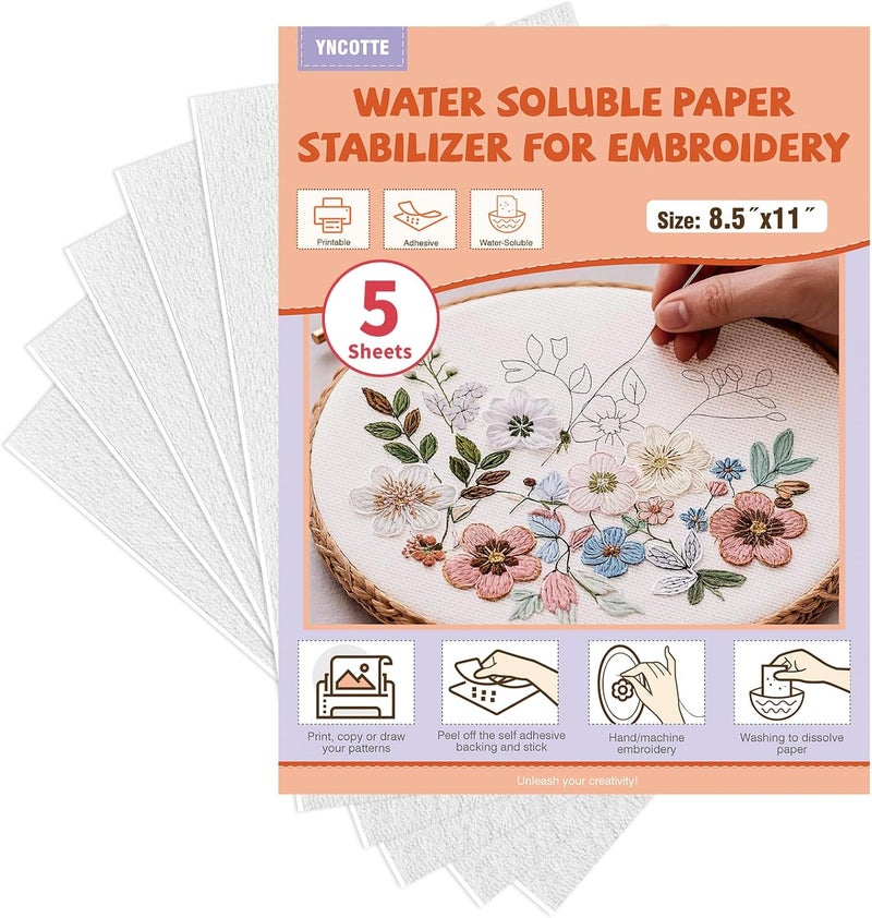 Yncotte Embroidery Paper 5PCS 8.5x11", Dissolvable Sticky Embroidery Stabilizer Water Soluble for Hand & Machine Embroidery Patterns, Printable Wash-Away Transfer Paper - Image 1